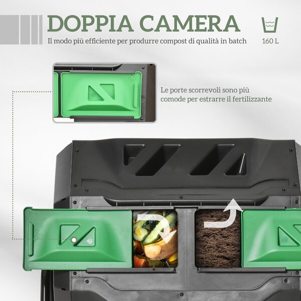 Outsunny Compostiera da Giardino Girevole a 2 Sezioni con 8 Prese d'Aria, Compostiera Domestica in Acciaio e PP, 160 L, per Compostaggio Rifiuti Organici, 71x65x96 cm, Nero | Aosom Italy