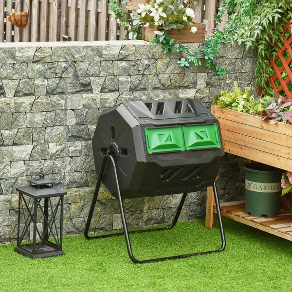 Outsunny Compostiera da Giardino Girevole a 2 Sezioni con 8 Prese d'Aria, Compostiera Domestica in Acciaio e PP, 160 L, per Compostaggio Rifiuti Organici, 71x65x96 cm, Nero | Aosom Italy