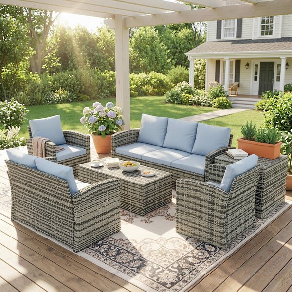 Outsunny Set da Esterno 6 Pezzi con 2 Tavolini Contenitore, 2 Divani e 2 Poltrone, in Rattan e Acciaio, Grigio | Aosom Italy