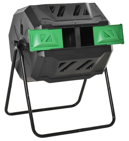 Outsunny Compostiera da Giardino Girevole a 2 Sezioni con 8 Prese d'Aria, Compostiera Domestica in Acciaio e PP, 160 L, per Compostaggio Rifiuti Organici, 71x65x96 cm, Nero | Aosom Italy