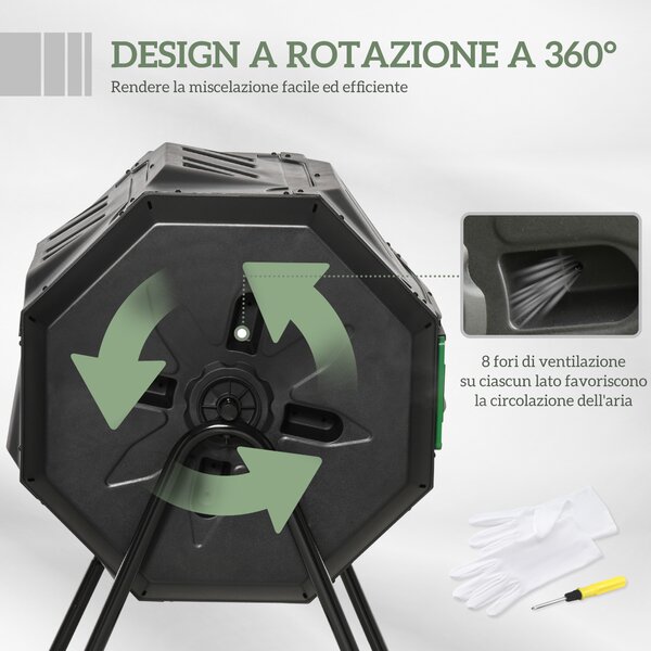 Outsunny Compostiera da Giardino Girevole a 2 Sezioni con 8 Prese d'Aria, Compostiera Domestica in Acciaio e PP, 160 L, per Compostaggio Rifiuti Organici, 71x65x96 cm, Nero | Aosom Italy