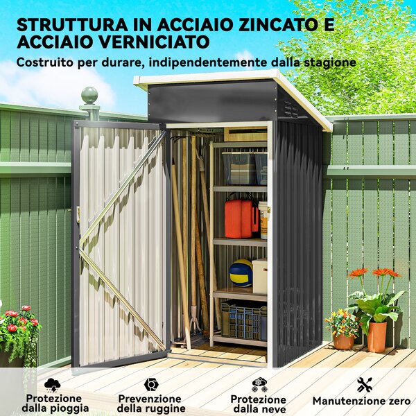 Outsunny Casetta da Giardino in Acciaio con Prese d'Aria e Porta Bloccabile, 107.5x91x185 cm, Grigio Scuro | Aosom Italy