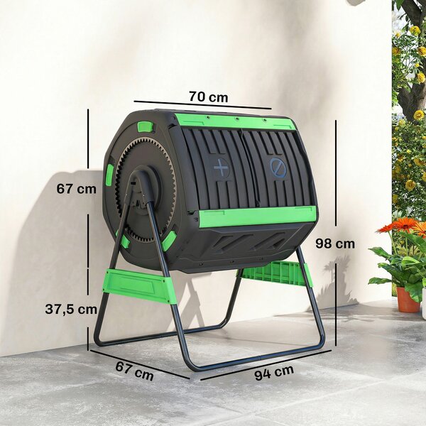 Outsunny Compostiera Domestica 200L a Doppia Camera con 8 Prese D'Aria, in PP e Metallo, 94x67x98 cm, Verde e Nero | Aosom Italy