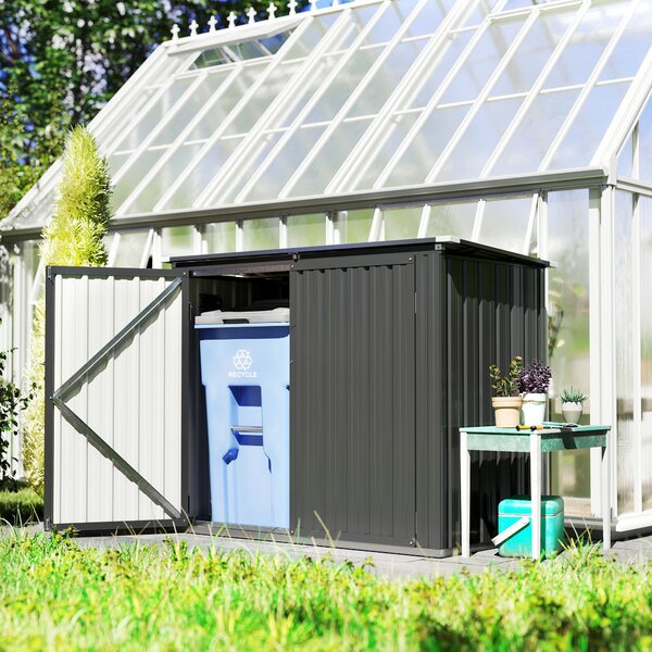 Outsunny Casetta da Esterno con 2 Porte Bloccabili e Tetto Apribile, Capanno da Giardino Copri Bidoni in Acciaio, 150x80x117/115 cm, Grigio | Aosom Italy