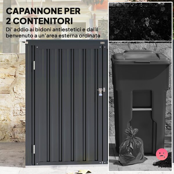 Outsunny Casetta da Esterno con 2 Porte Bloccabili e Tetto Apribile, Capanno da Giardino Copri Bidoni in Acciaio, 150x80x117/115 cm, Grigio | Aosom Italy