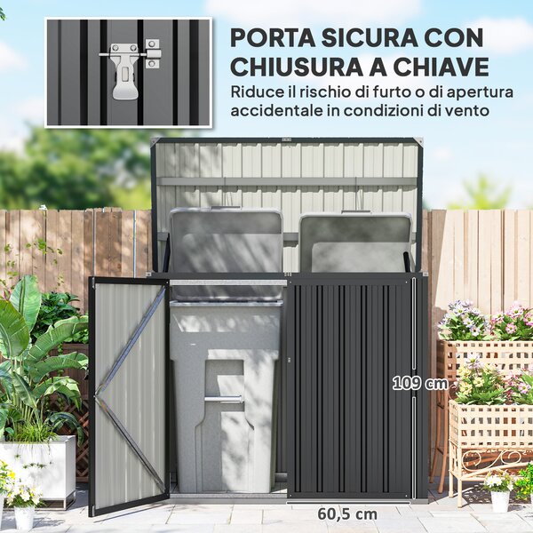 Outsunny Casetta da Esterno con 2 Porte Bloccabili e Tetto Apribile, Capanno da Giardino Copri Bidoni in Acciaio, 150x80x117/115 cm, Grigio | Aosom Italy