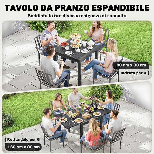 Outsunny Tavolo da Giardino Allungabile per 4-6 Persone con Piano a Doghe, in Alluminio, 80/160x80x75 cm, Nero | Aosom Italy