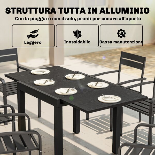 Outsunny Tavolo da Giardino Allungabile per 4-6 Persone con Piano a Doghe, in Alluminio, 80/160x80x75 cm, Nero | Aosom Italy