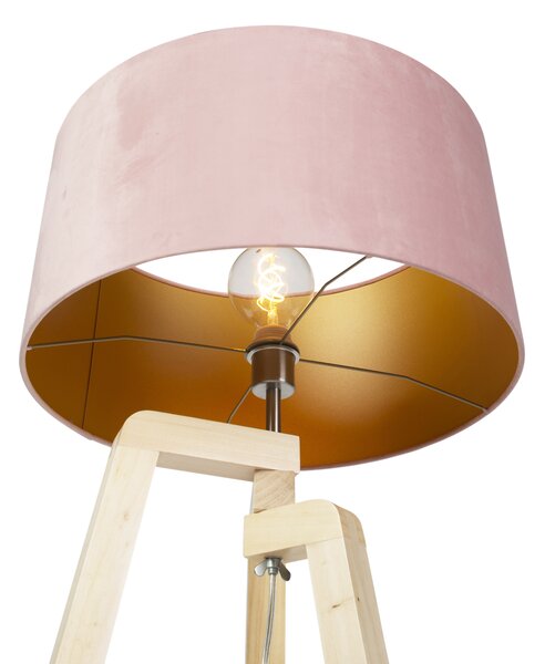 Lampada da terra treppiede in legno con paralume in velluto rosa 50 cm - Puros