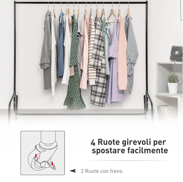 HOMCOM Appendiabiti Attaccapanni in Metallo per Vestiti con Rotelle, 120x60x170 cm, Nero | Aosom Italy