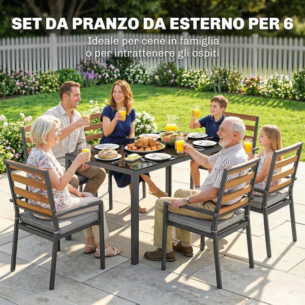 Outsunny Set da Pranzo da Giardino 7 Pezzi, Tavolo e Sedie per 6 Persone, Nero | Aosom Italy