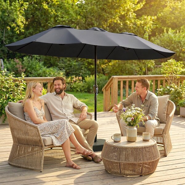Outsunny Ombrellone Doppio a 12 Stecche con Manovella, Base a Croce e Sacchi, in Metallo e Poliestere, 3x1.5 m, Grigio Scuro | Aosom Italy