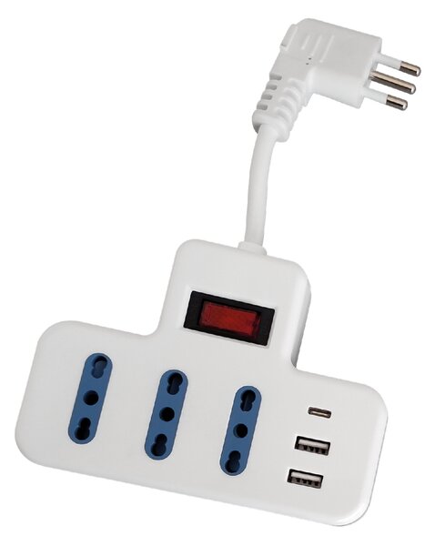 Ciabatta multipresa elettrica 3 posti + 2 porte USB 1 porta Type-C con cavo da 5cm – 3 Prese Bipasso Novaline