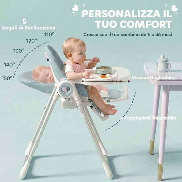 AIYAPLAY Seggiolone Pappa Pieghevole per Bambini 6-36 Mesi con Altezza Regolabile, Doppio Vassoio Lavabile, Ruote, Verde | Aosom Italy