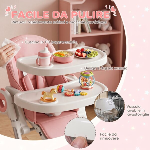 AIYAPLAY Seggiolone Pappa Pieghevole per Bambini 6-36 Mesi con Altezza Regolabile, Doppio Vassoio Lavabile, Ruote, Rosa | Aosom Italy
