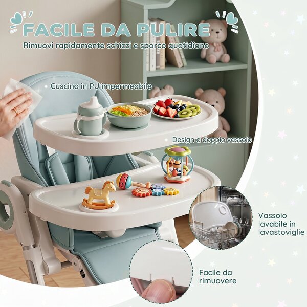 AIYAPLAY Seggiolone Pappa Pieghevole per Bambini 6-36 Mesi con Altezza Regolabile, Doppio Vassoio Lavabile, Ruote, Verde | Aosom Italy
