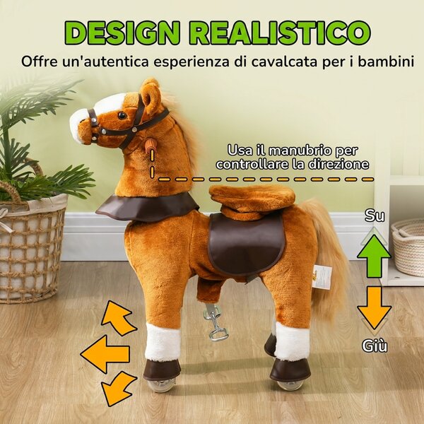 AIYAPLAY Cavallo a Dondolo per Bambini 3+ Anni con Suoni Realistico e Pedale, 70x28x70 cm, Marrone | Aosom Italy