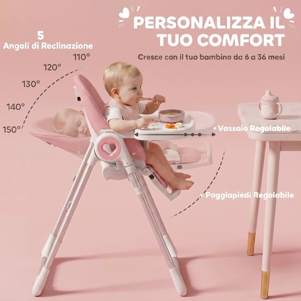 AIYAPLAY Seggiolone Pappa Pieghevole per Bambini 6-36 Mesi con Altezza Regolabile, Doppio Vassoio Lavabile, Ruote, Rosa | Aosom Italy