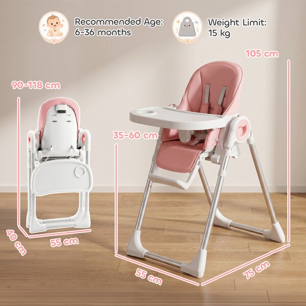 AIYAPLAY Seggiolone Pappa Pieghevole per Bambini 6-36 Mesi con Altezza Regolabile, Doppio Vassoio Lavabile, Ruote, Rosa | Aosom Italy