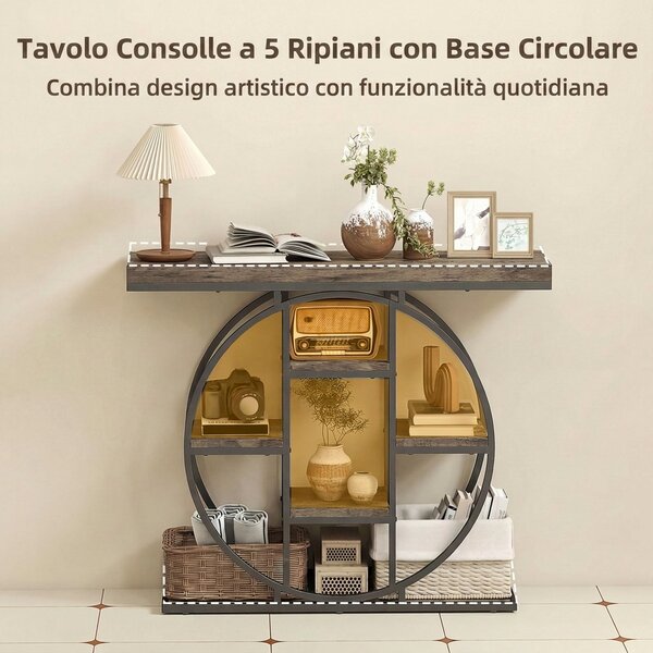 HOMCOM Tavolo Consolle Industriale con Ripiani e Telaio in Acciaio Circolare, 100x30x81.5 cm, Marrone Rustico | Aosom Italy