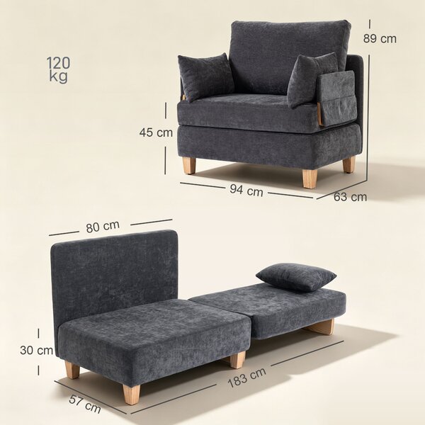 HOMCOM Poltrona letto singolo 2 in 1 pieghevole con cuscini, grigio scuro | Aosom Italy