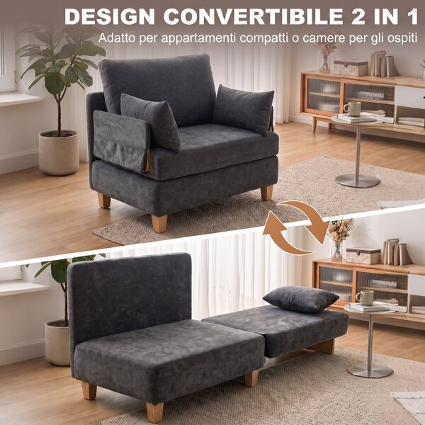 HOMCOM Poltrona letto singolo 2 in 1 pieghevole con cuscini, grigio scuro | Aosom Italy