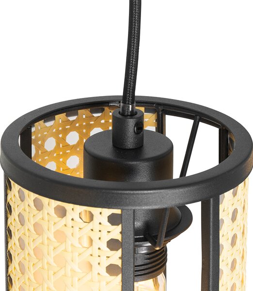 Lampada a sospensione orientale nera rattan allungata a 3 luci - AKIRA