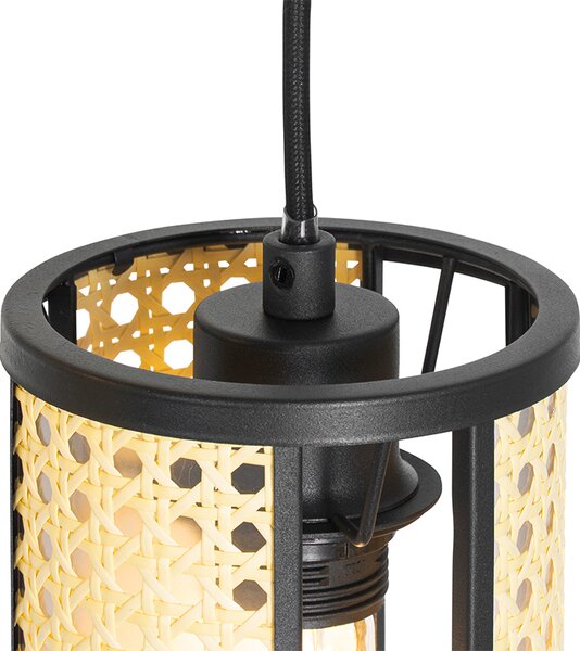 Lampada a sospensione orientale nera con rattan 3 luci rotonda - Akira
