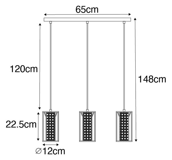 Lampada a sospensione orientale nera rattan allungata a 3 luci - AKIRA