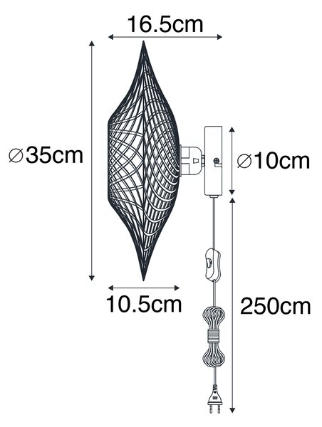 Lampada da parete orientale in rattan 35 cm con spina - Rina