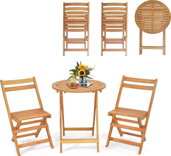 KOMFOTTEU Set da bistrot pieghevole da 3 pezzi, set da giardino composto da 1 tavolo da bistrot e 2 sedie da giardino, set da giardino in legno di acacia, set da balcone