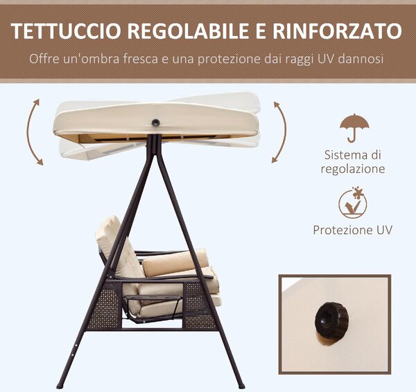 VivaGarden Dondolo da Giardino 3 Posti con Tettuccio Parasole e Portabicchieri in Metallo/Poliestere Dimensioni 207x120.5x174 cm colore Beige