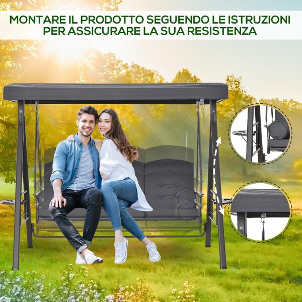 VivaGarden Dondolo da Giardino 3 Posti con Tettuccio Parasole e Portabicchieri in Metallo/Poliestere Dimensioni 208x120x172 cm colore Grigio