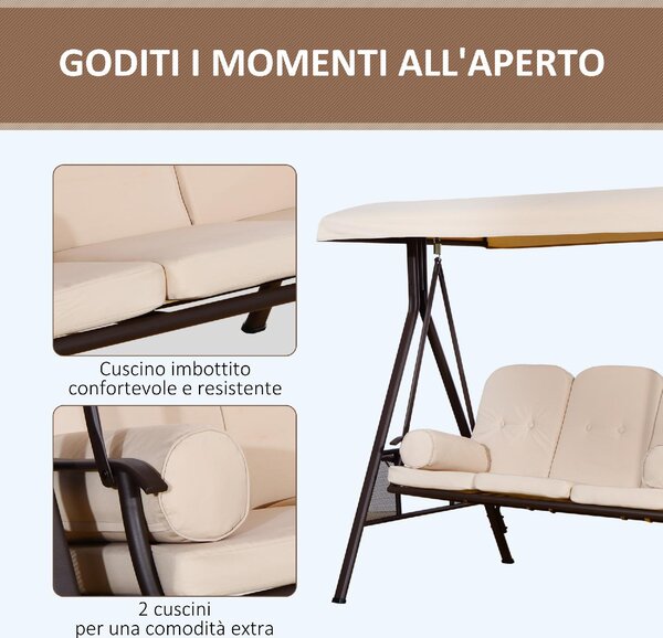 VivaGarden Dondolo da Giardino 3 Posti con Tettuccio Parasole e Portabicchieri in Metallo/Poliestere Dimensioni 207x120.5x174 cm colore Beige