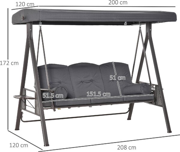 VivaGarden Dondolo da Giardino 3 Posti con Tettuccio Parasole e Portabicchieri in Metallo/Poliestere Dimensioni 208x120x172 cm colore Grigio