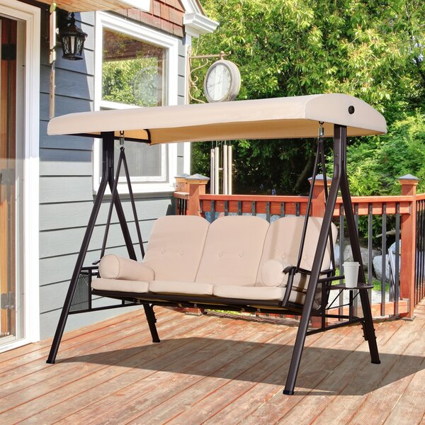 VivaGarden Dondolo da Giardino 3 Posti con Tettuccio Parasole e Portabicchieri in Metallo/Poliestere Dimensioni 207x120.5x174 cm colore Beige