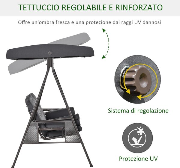 VivaGarden Dondolo da Giardino 3 Posti con Tettuccio Parasole e Portabicchieri in Metallo/Poliestere Dimensioni 208x120x172 cm colore Grigio