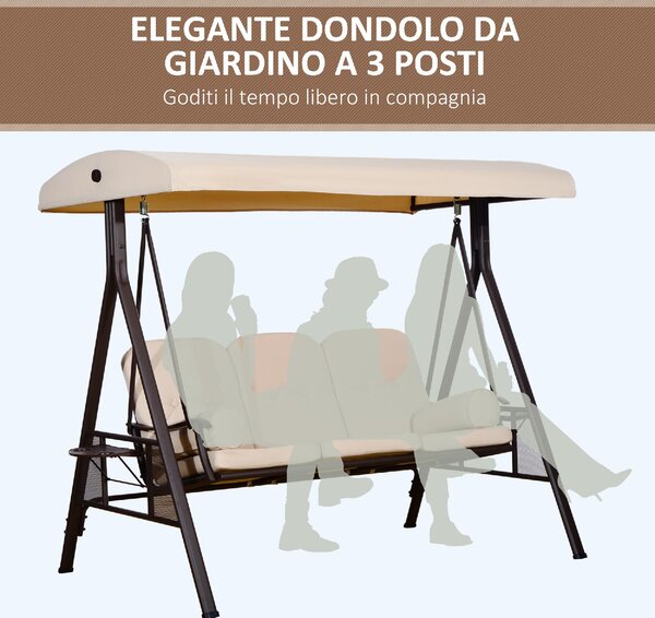 VivaGarden Dondolo da Giardino 3 Posti con Tettuccio Parasole e Portabicchieri in Metallo/Poliestere Dimensioni 207x120.5x174 cm colore Beige