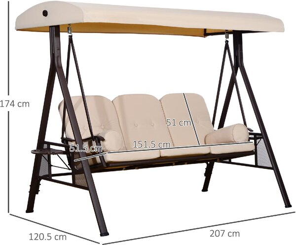 VivaGarden Dondolo da Giardino 3 Posti con Tettuccio Parasole e Portabicchieri in Metallo/Poliestere Dimensioni 207x120.5x174 cm colore Beige
