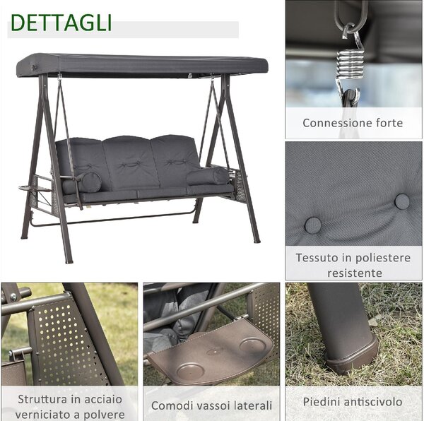 VivaGarden Dondolo da Giardino 3 Posti con Tettuccio Parasole e Portabicchieri in Metallo/Poliestere Dimensioni 208x120x172 cm colore Grigio