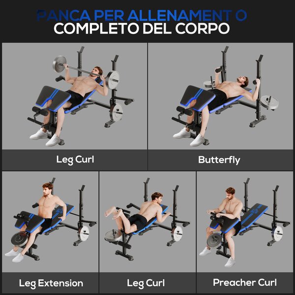 HOMCOM Panca Palestra e Panca Pesi Multifunzione Regolabile, Nero e Blu | Aosom Italy
