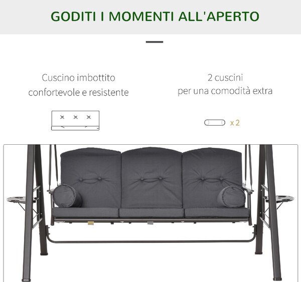 VivaGarden Dondolo da Giardino 3 Posti con Tettuccio Parasole e Portabicchieri in Metallo/Poliestere Dimensioni 208x120x172 cm colore Grigio
