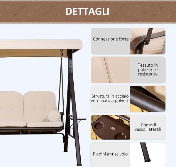 VivaGarden Dondolo da Giardino 3 Posti con Tettuccio Parasole e Portabicchieri in Metallo/Poliestere Dimensioni 207x120.5x174 cm colore Beige