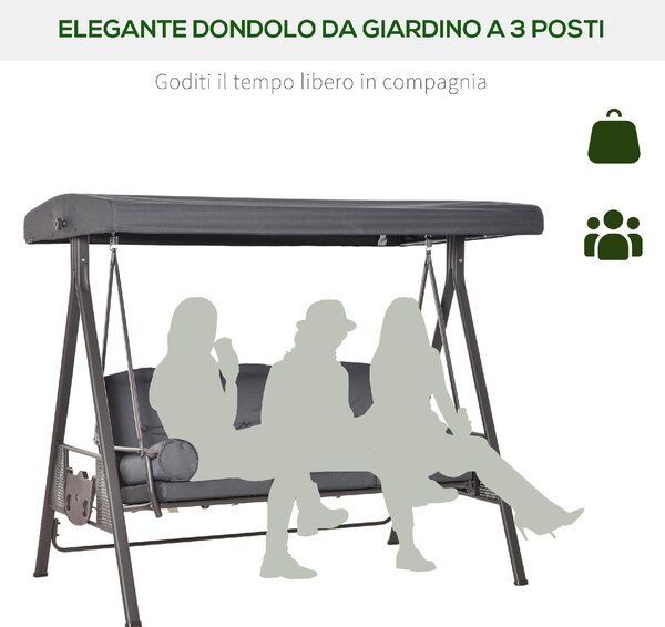 VivaGarden Dondolo da Giardino 3 Posti con Tettuccio Parasole e Portabicchieri in Metallo/Poliestere Dimensioni 208x120x172 cm colore Grigio