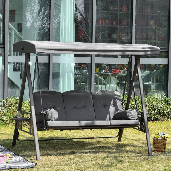 VivaGarden Dondolo da Giardino 3 Posti con Tettuccio Parasole e Portabicchieri in Metallo/Poliestere Dimensioni 208x120x172 cm colore Grigio