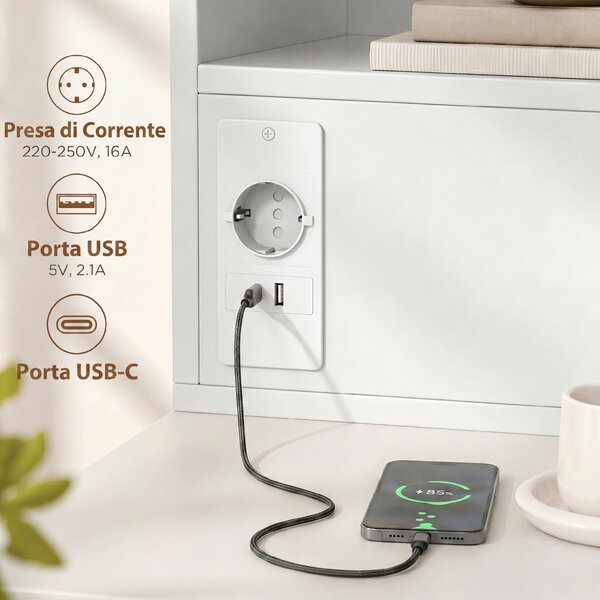 HOMCOM Set 2 Comodini Sospesi: Stazione di Ricarica, Cassetto, Scaffale, Bianco | Aosom Italy