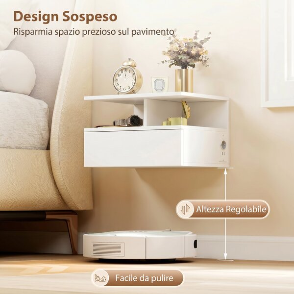 HOMCOM Set 2 Comodini Sospesi: Stazione di Ricarica, Cassetto, Scaffale, Bianco | Aosom Italy