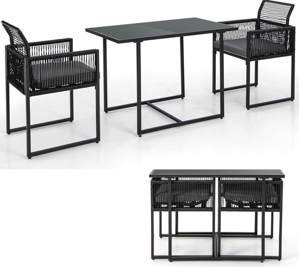 KOMFOTTEU Set da bar da 3 pezzi con sedie pieghevoli, set da bar da giardino in rattan, set da pranzo con cuscini rimovibili, mobili da giardino resistenti alle intemperie