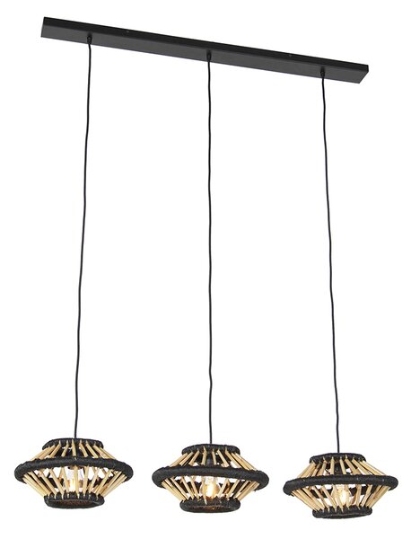 Lampada a sospensione orientale bambù con 3 luci nere allungate - Evalin