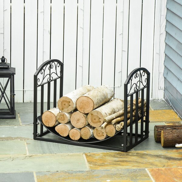 Outsunny Portalegna per Camino da Interno ed Esterno in Metallo con Ripiano Curvo, Fino 60kg di Legna, Nero, 60.5x36x46.5cm | Aosom Italy